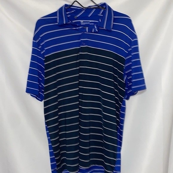 UNDER ARMOUR LOOSE HEATGEAR MENS LG Blue and Black Performance Polo Shirt. CLEAN - Picture 5 of 10